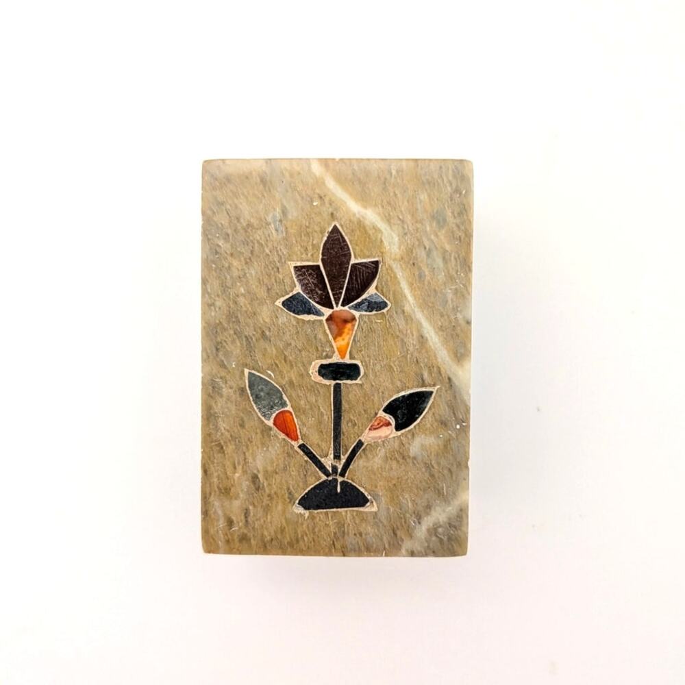 Vtg Beige Soapstone Marble Lidded Trinket Box Floral Inlay Rectangle India